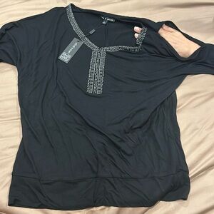 Black Women’s Top Blouse Cable & Gauge Size M Medium Beaded Shoulder Slit